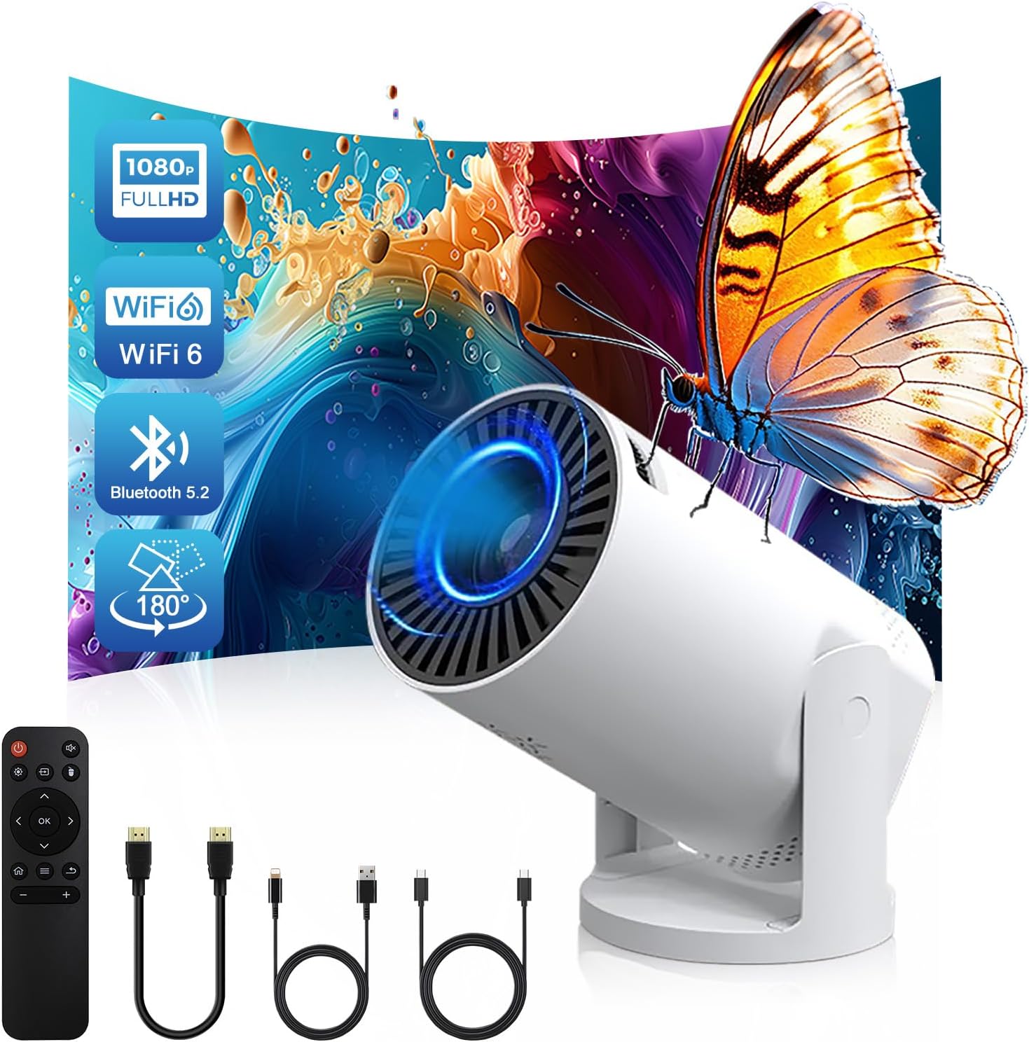Wireless Mini Projector with WIFI 6 and Bluetooth, 4K 1080P Support, 180 degree rotatable, 17 to 130 inch screen